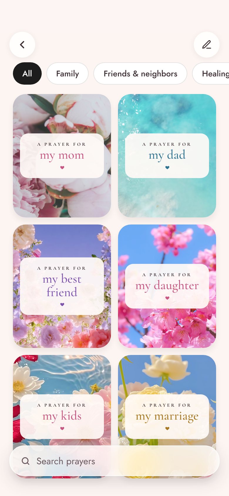 A library of prayer cards for my mom, my dad, my best friend and more